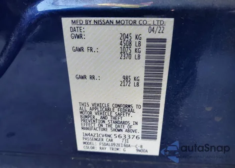 2022 Nissan Leaf Sv 40 Kwh из США, поврежденный, VIN 1N4AZ1CV4NC563376